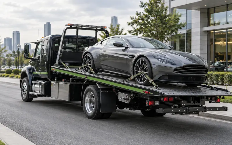 Vehicle secured on a flatbed tow truck