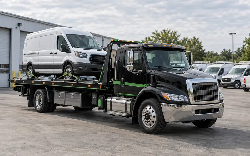 Light van secured on a flatbed tow truck