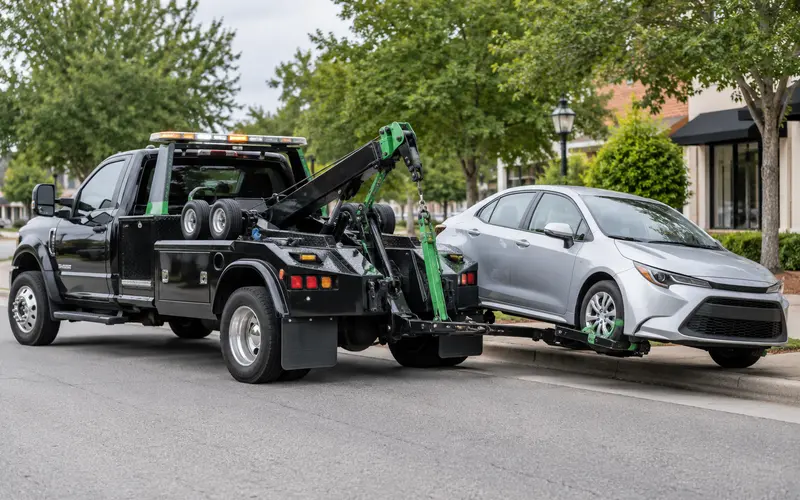 Tow truck transporting a passenger vehicle