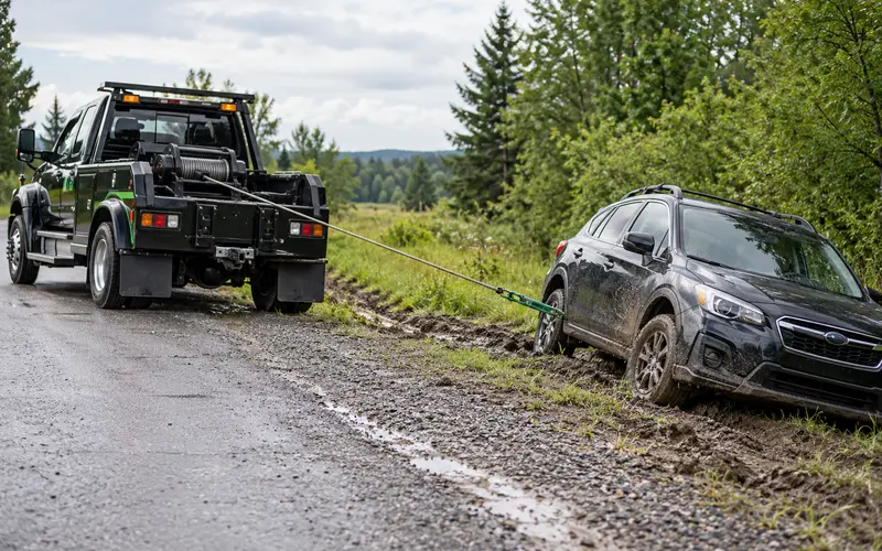 Tow truck performing a safe vehicle winch recovery